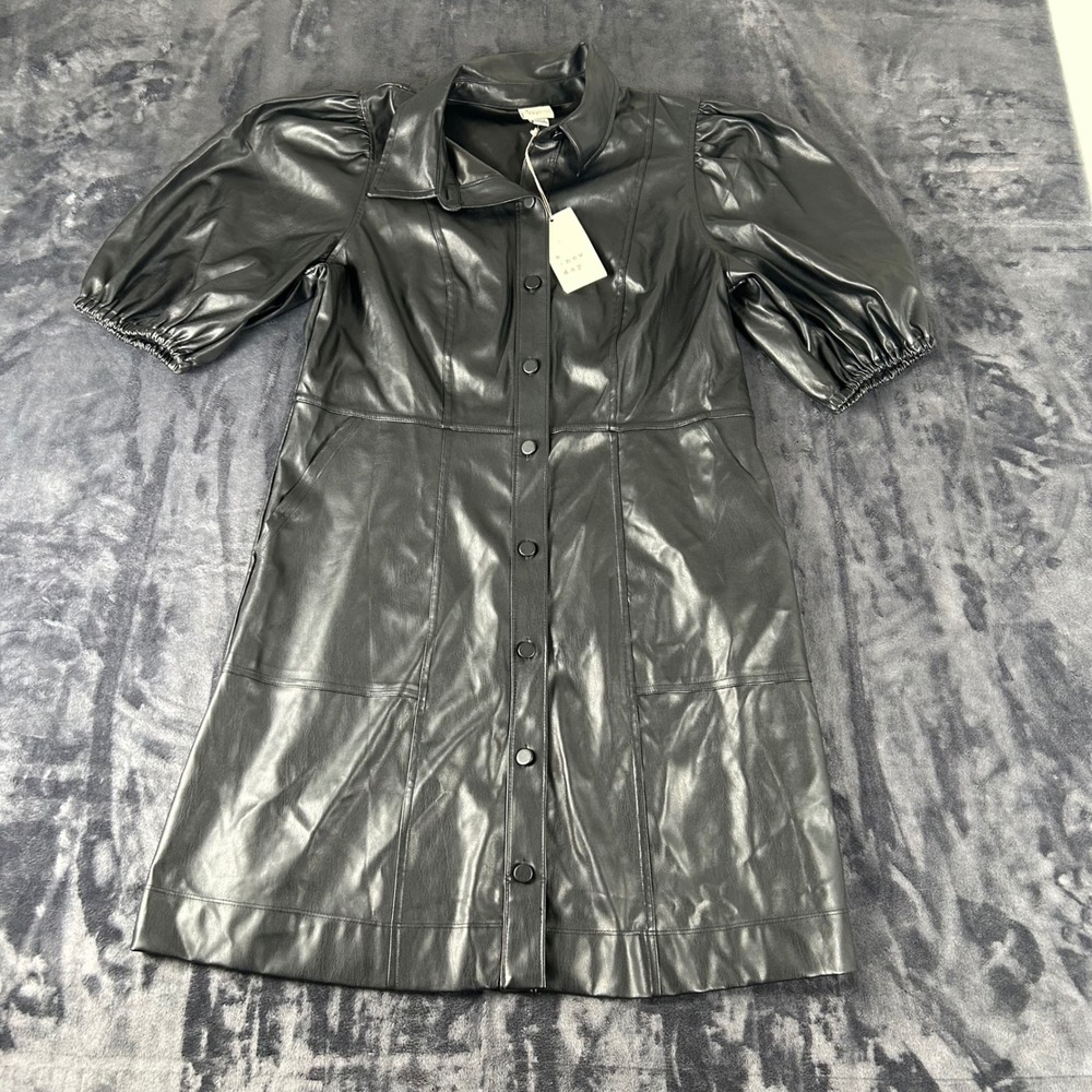 A New Day Shirt Dress Women Large Black Faux Leather Puff Sleeve Button Front